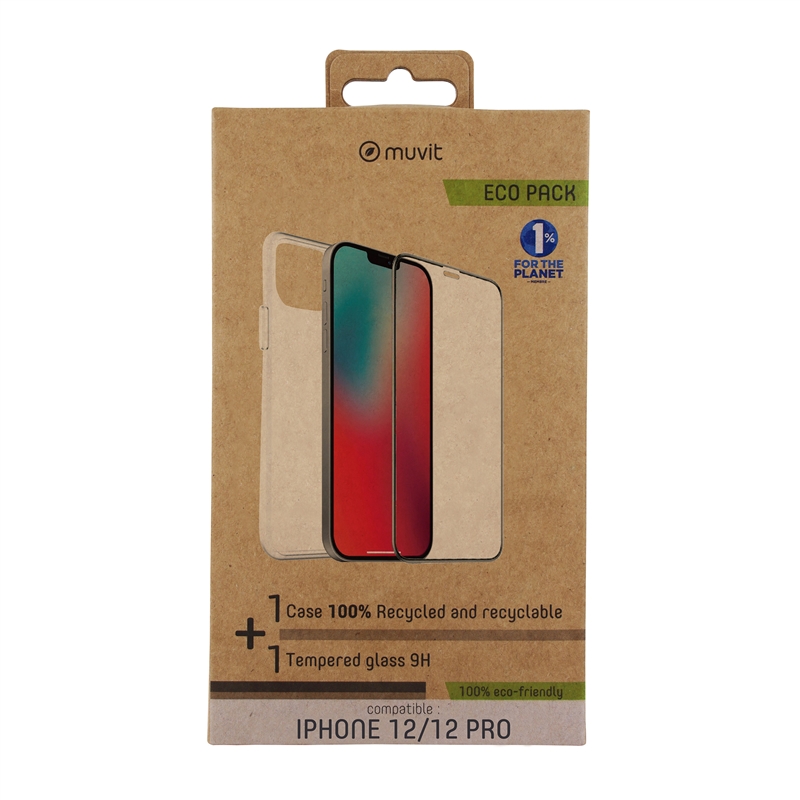 muvit for change funda compatible con Apple iPhone 12/12 Pro + protector de pantalla vidrio templado plano marco negro