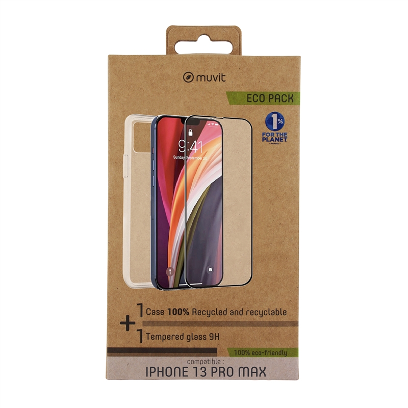 muvit for change funda compatible con Apple iPhone 13 Pro Max + protector de pantalla vidrio templado plano marco negro