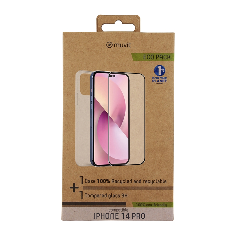 muvit for change funda compatible con Apple iPhone 14 Pro + protector de pantalla vidrio templado plano marco negro