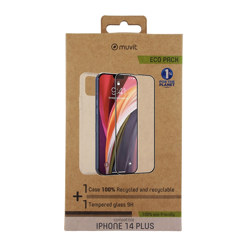 muvit for change funda compatible con Apple iPhone 14 Plus + protector de pantalla vidrio templado plano marco negro