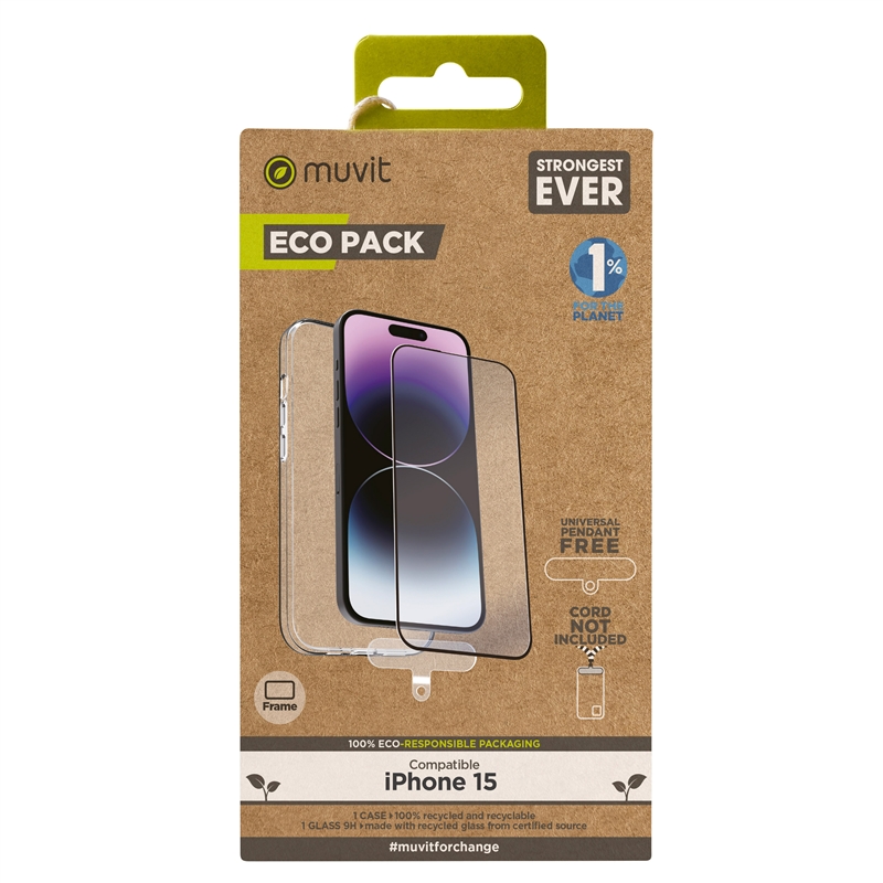 muvit for change funda compatible con Apple iPhone 15 + protector de pantalla vidrio templado plano marco negro