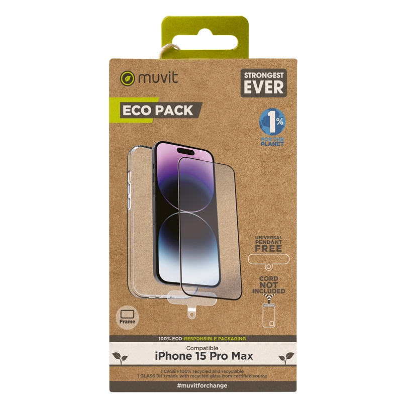 muvit for change funda compatible con Apple iPhone 15 Pro Max + protector de pantalla vidrio templado plano marco negro