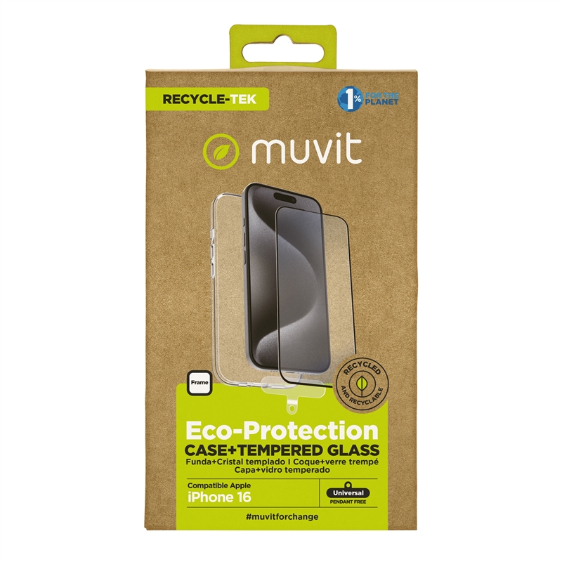 muvit for change funda compatible con Apple iPhone 16 + protector de pantalla vidrio templado plano marco negro